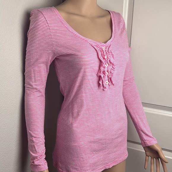 Long sleeve cotton stripe ruffle Henley scoop neck T-shirt Barbie Barbiecore - Picture 2 of 15